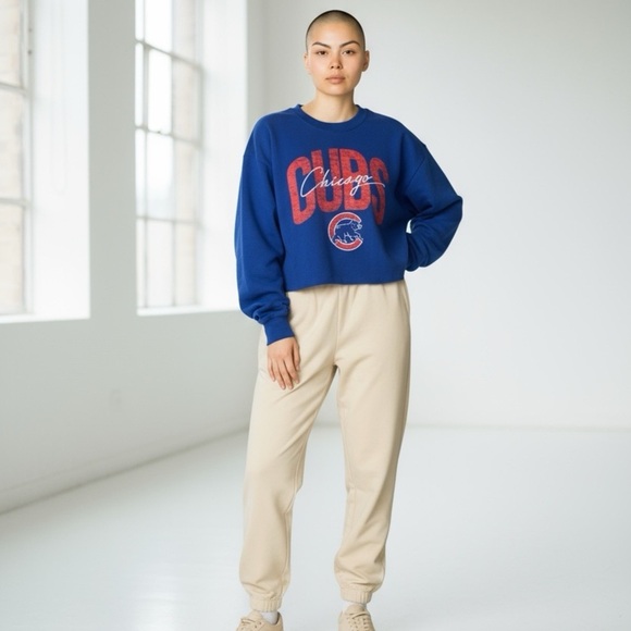 Chicago Cubs Baseball Cropped Long Sleeve Tee Shirt 47 Brand Royal Blue Apparel - Picture 6 of 10